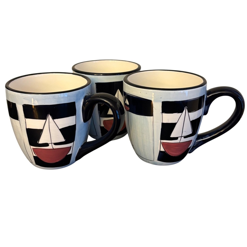 Brushes KIC Handpainted Mugs | Set of 3 | Nautical Sailboat Ceramic Coffee Mugs